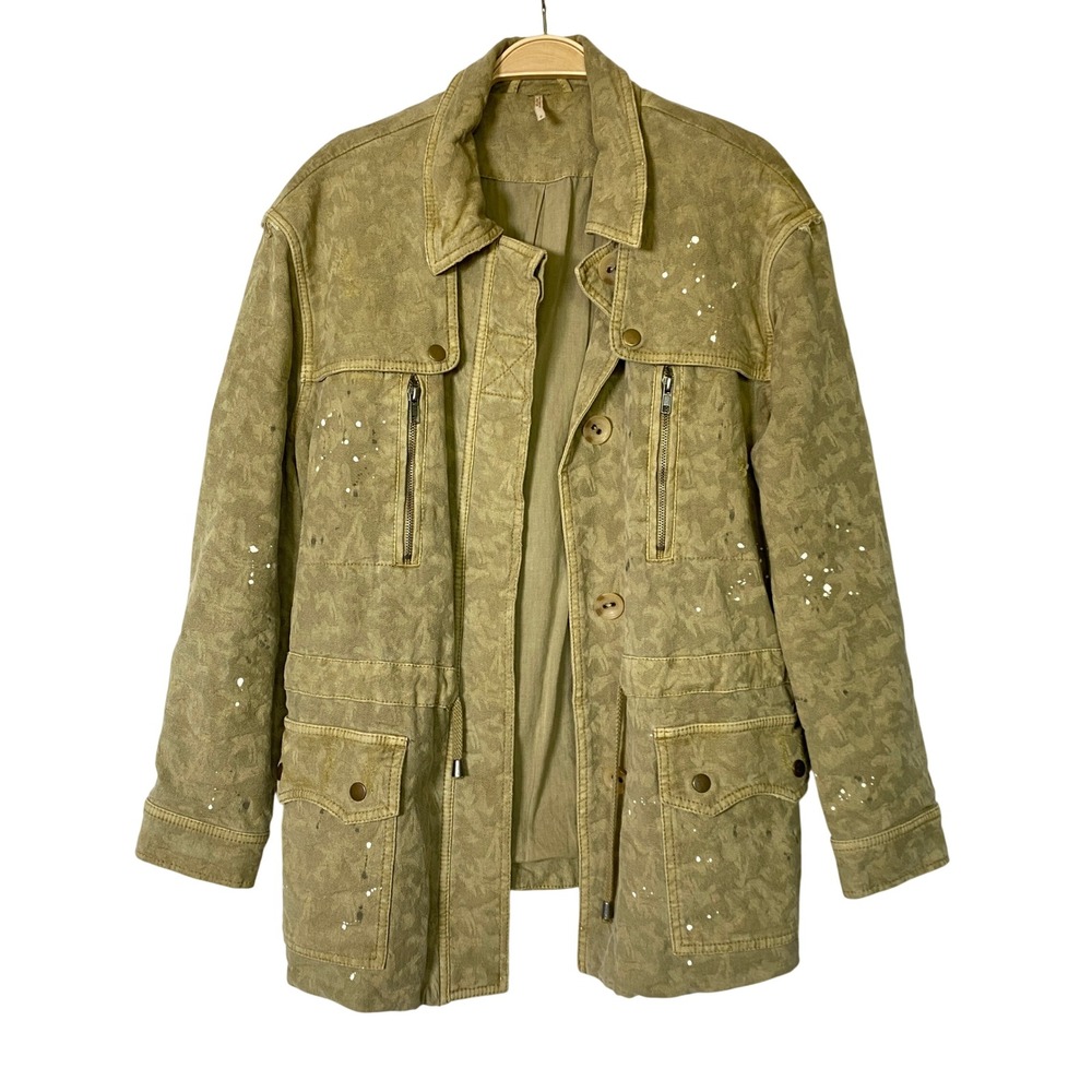 Free People Indieā Boho Distressed Paint Splatter Utility Jacket Women S Olive